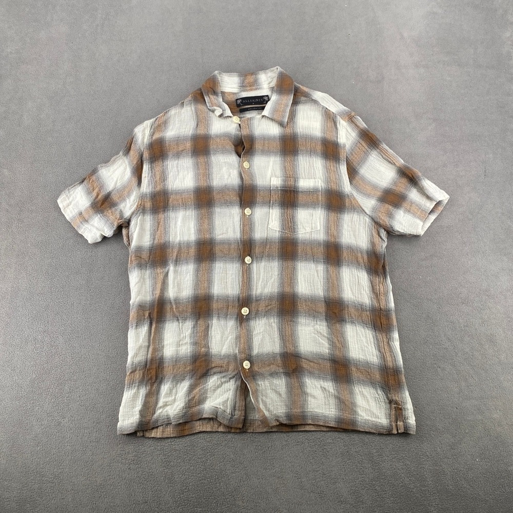 AllSaints Relaxed Fit Plaid Short Sleeve Shirt Brown Cream Wool Lyocell Mens M